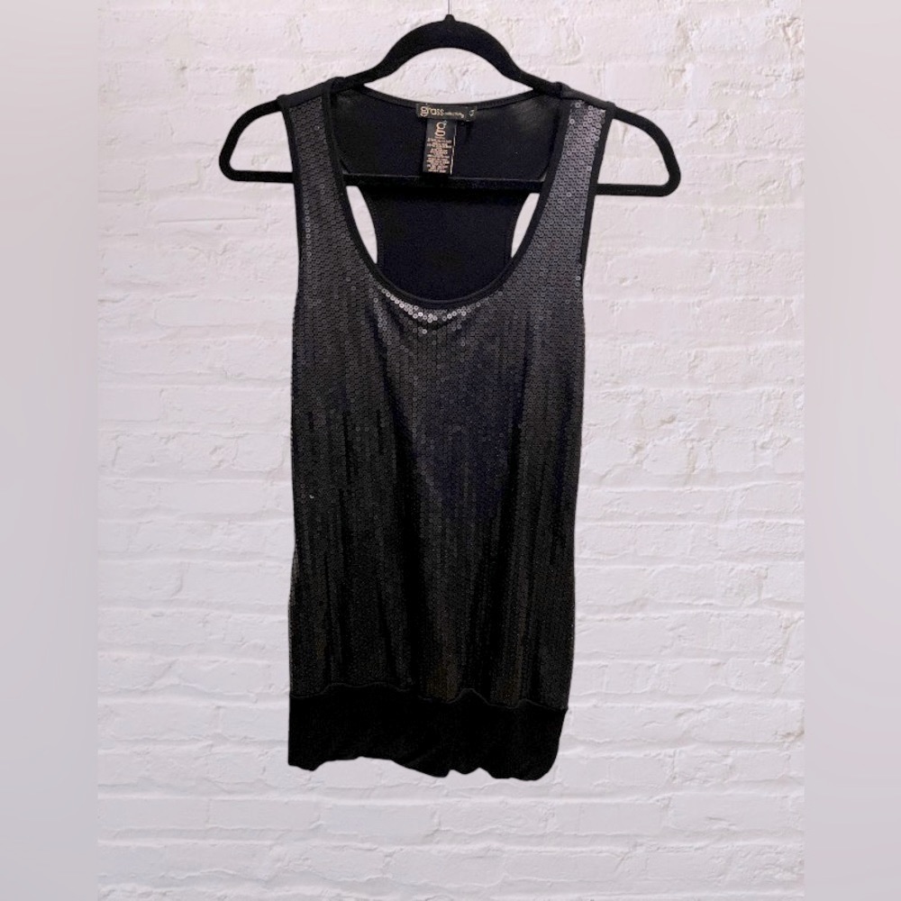 Grass Jeans Black Sequin Scoop Neck Racerback Tank Top, Size Medium